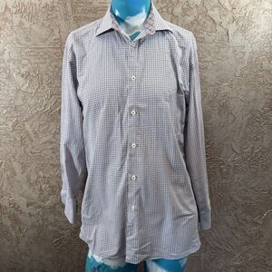 Tattersall London Button Down Shirt 16.5 34/35 Brown Blue Plaid Long Sleeve